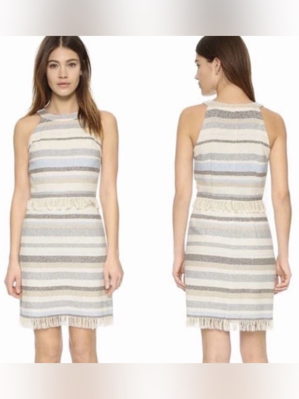 Tory Burch Sleeveless Tweed Dress Cream Grey Sky Blue Striped Fringe Trim Size 2